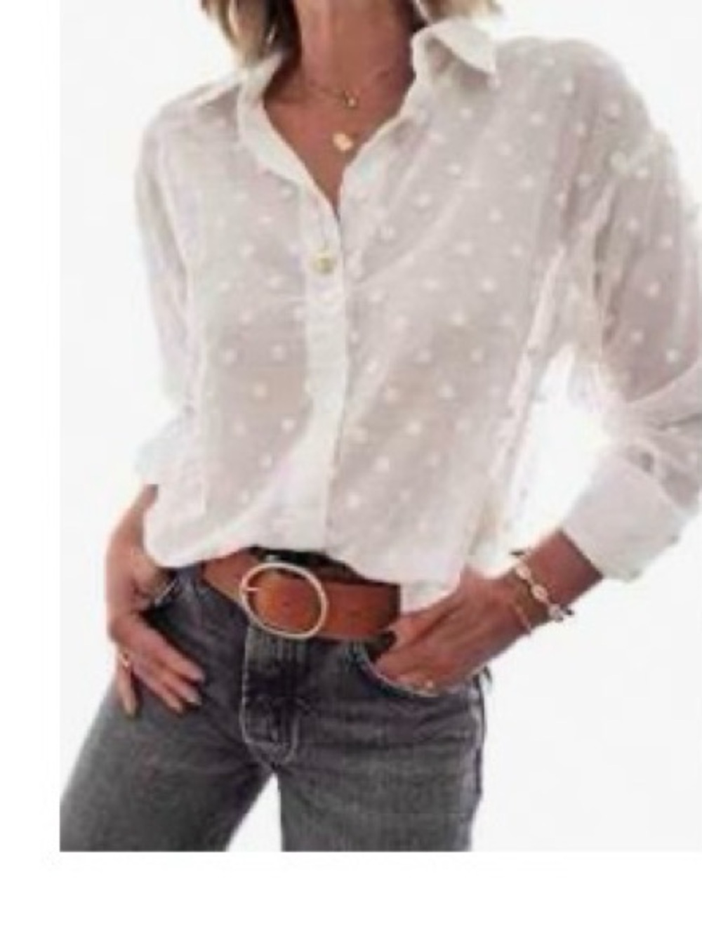 White Polka Dot Sheer Button-Up Blouse - Classic Women's Top